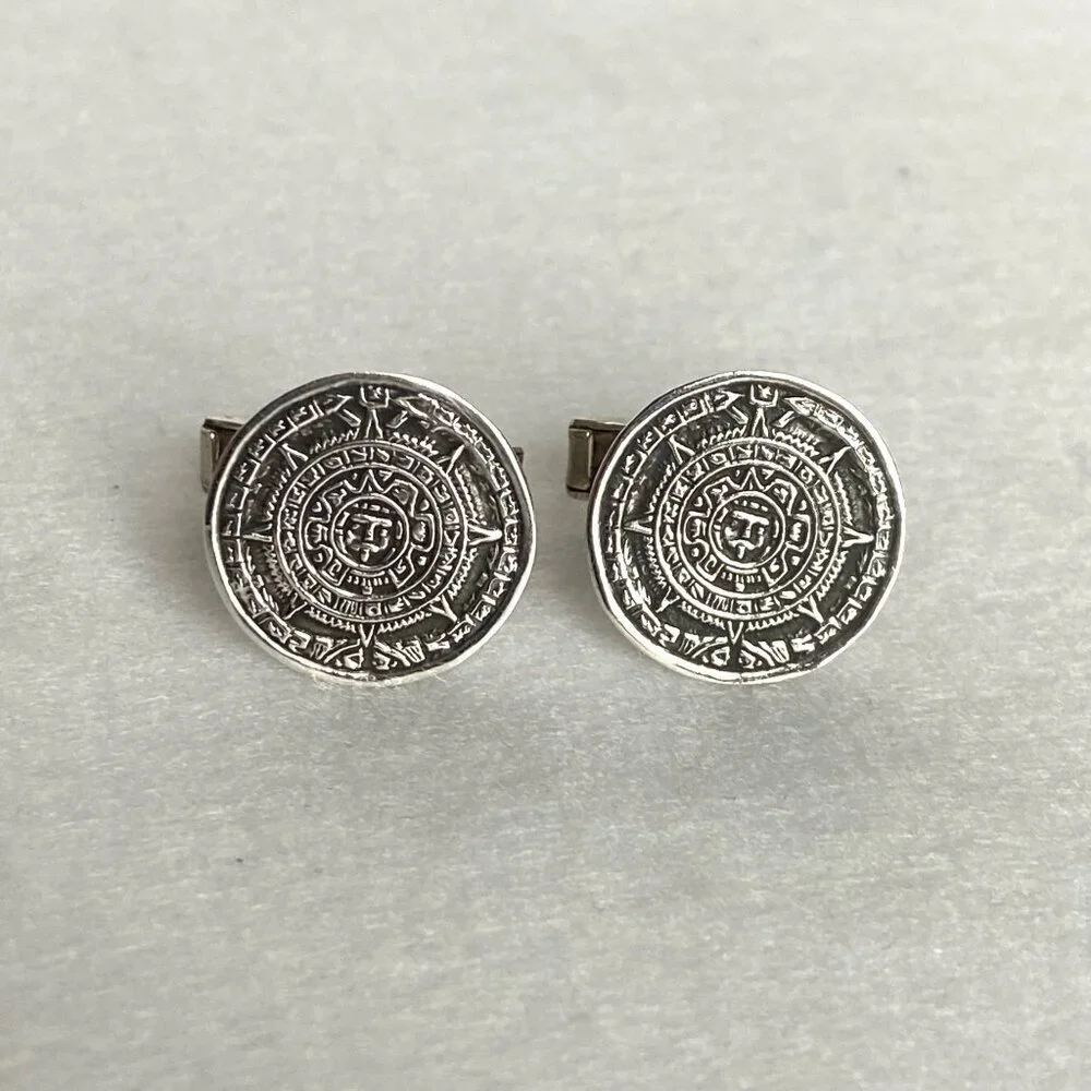 VTG Taxco Mexico Sterling Silver 925 Alpaca Aztec Mayan Calendar CuffLinks